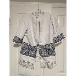 Chico's Beachy, Lightweight Cardigan Azetec Blue/White with fringe, size 0